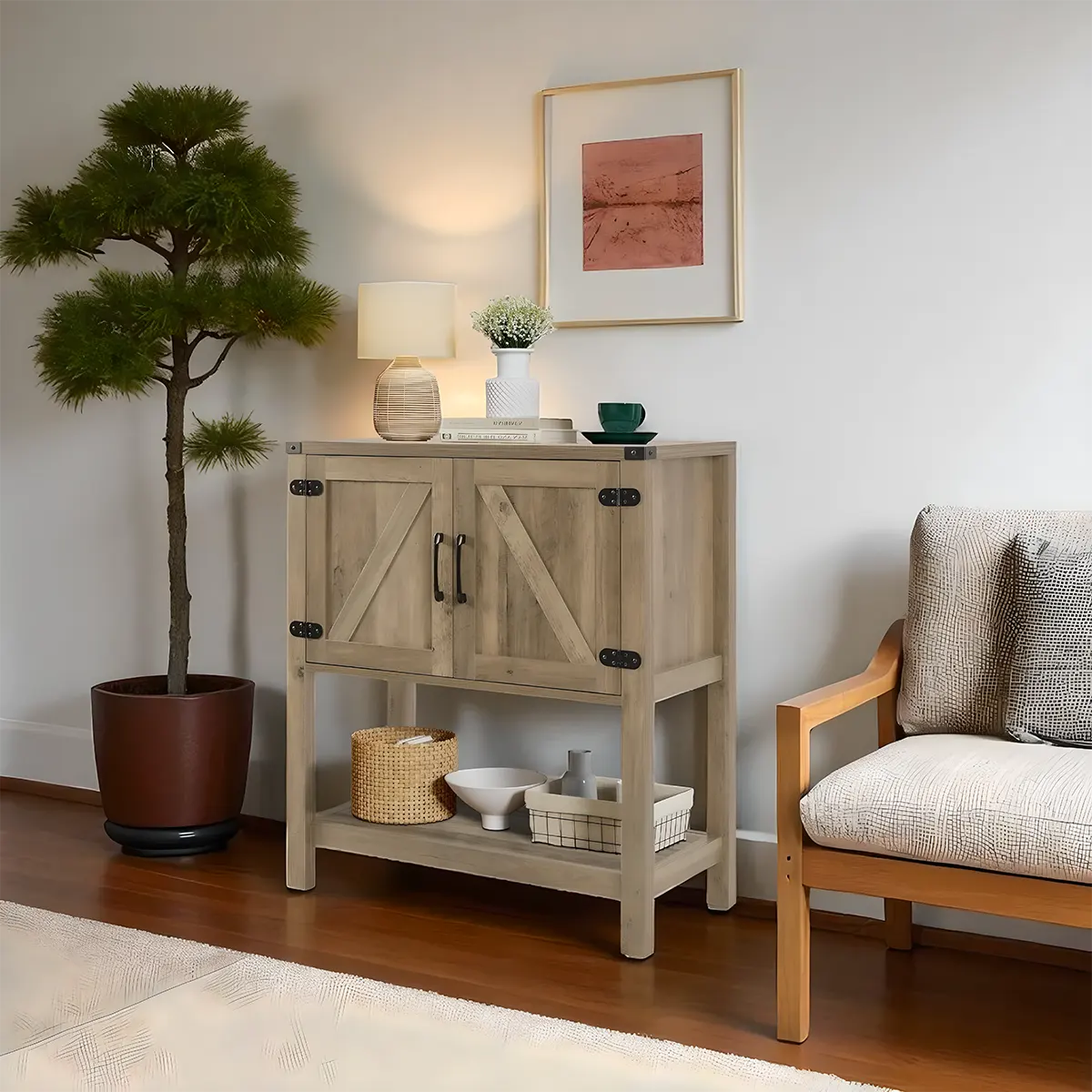 Rustic Farmhouse Console Table with Storage Shelf