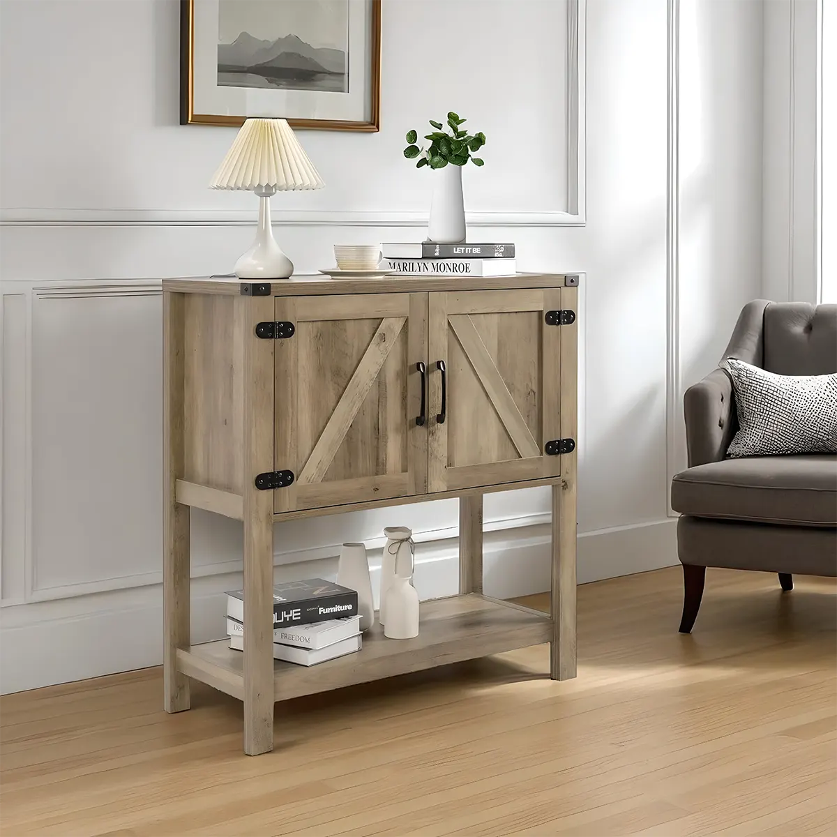 Rustic Farmhouse Console Table with Storage Shelf