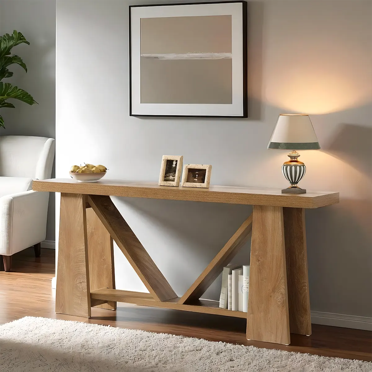 Rustic Oak Console Table – Geometric Legs Modern Design
