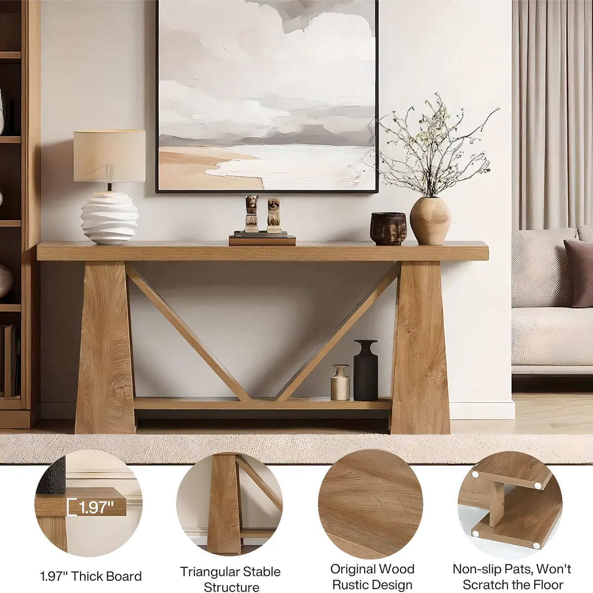 Rustic Oak Console Table – Geometric Legs Modern Design