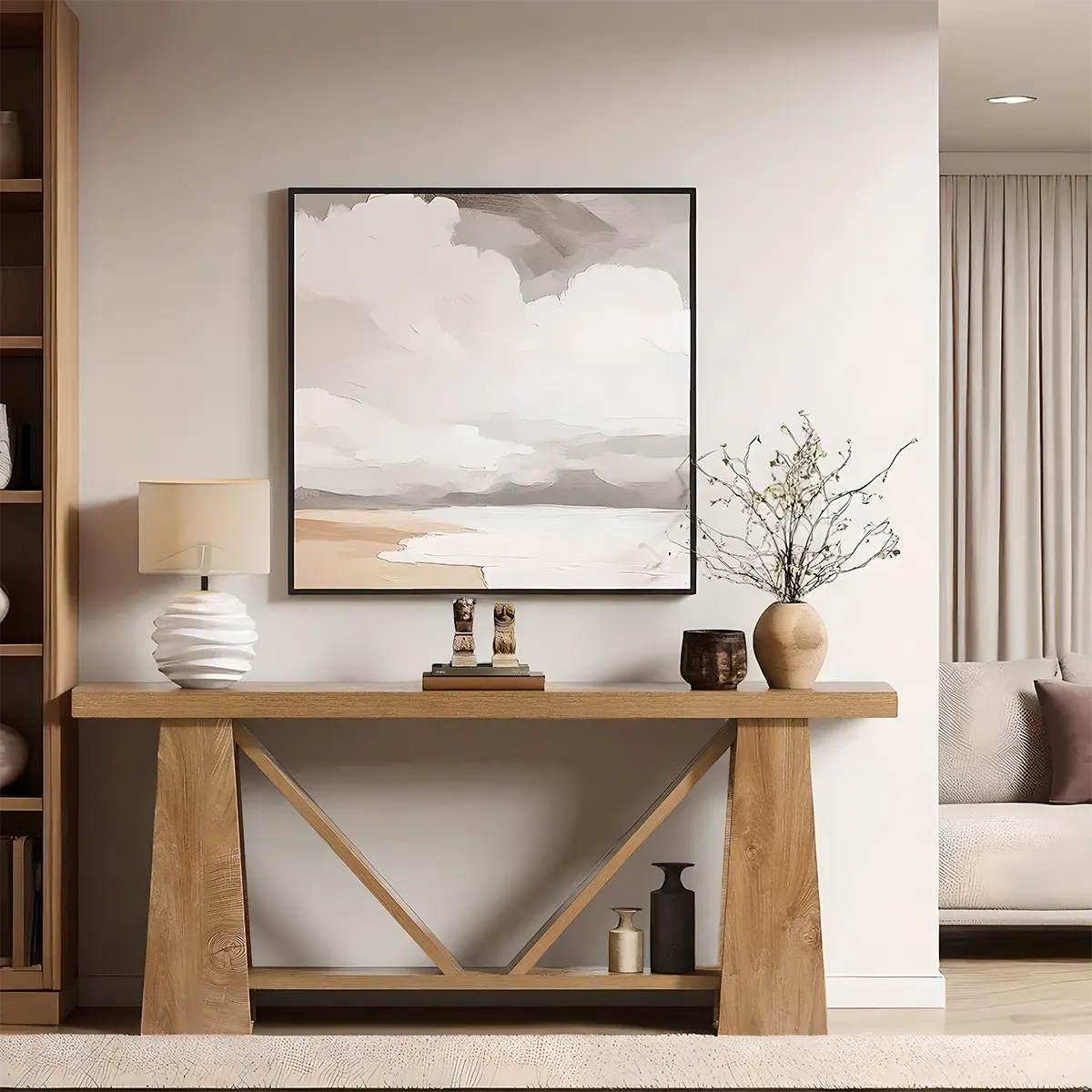 Rustic Oak Console Table – Geometric Legs Modern Design