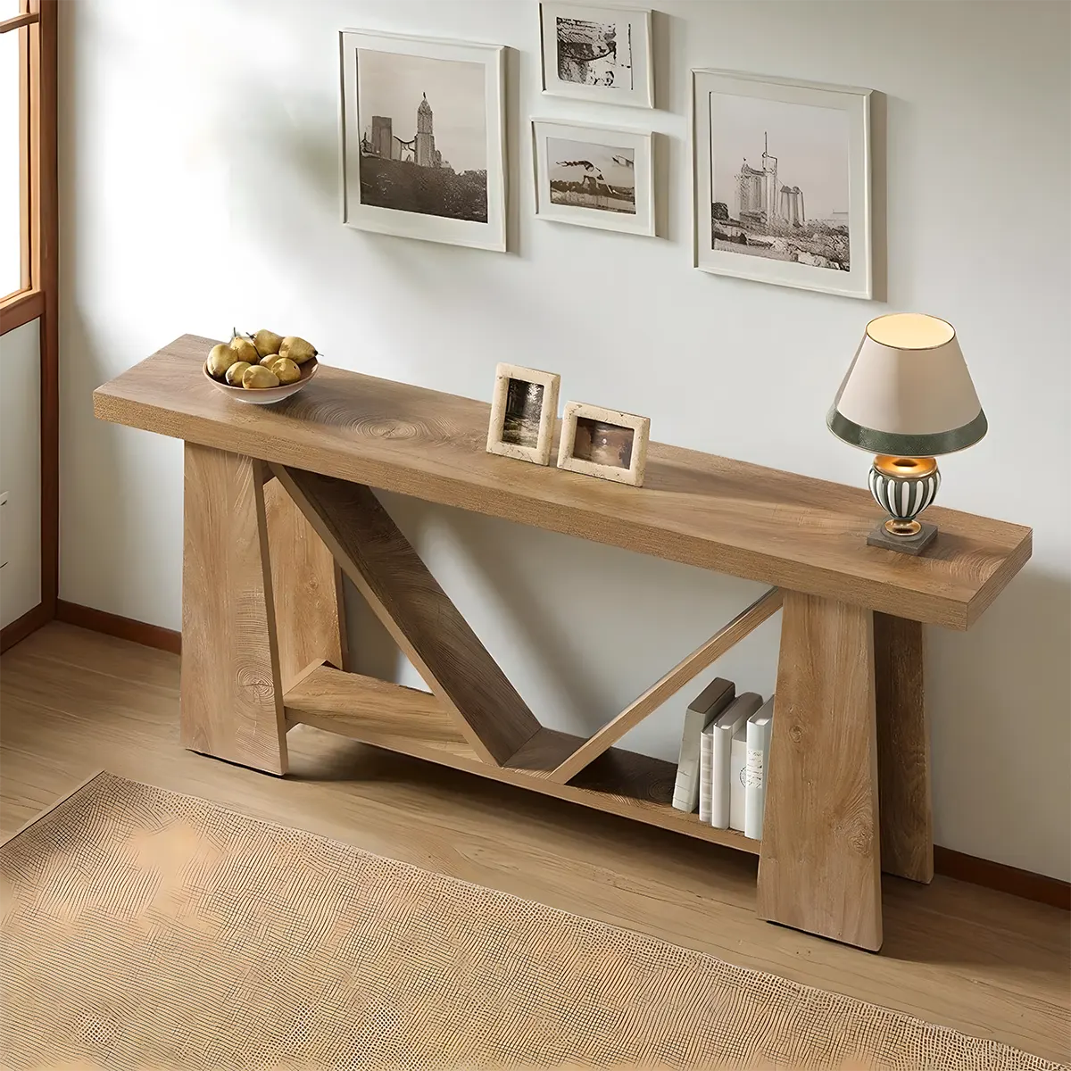 Rustic Oak Console Table – Geometric Legs Modern Design