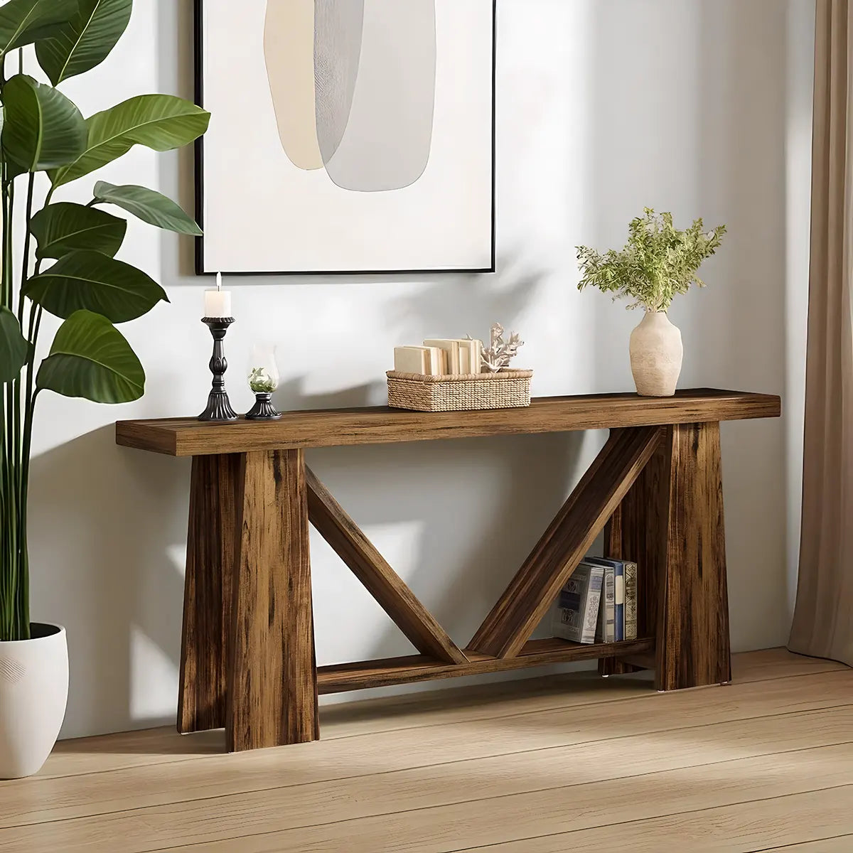 Rustic Oak Console Table – Geometric Legs Modern Design