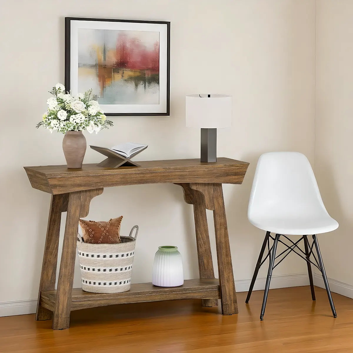 Rustic Style Console Table – Sturdy Natural Wood, Convenient Bottom Shelf