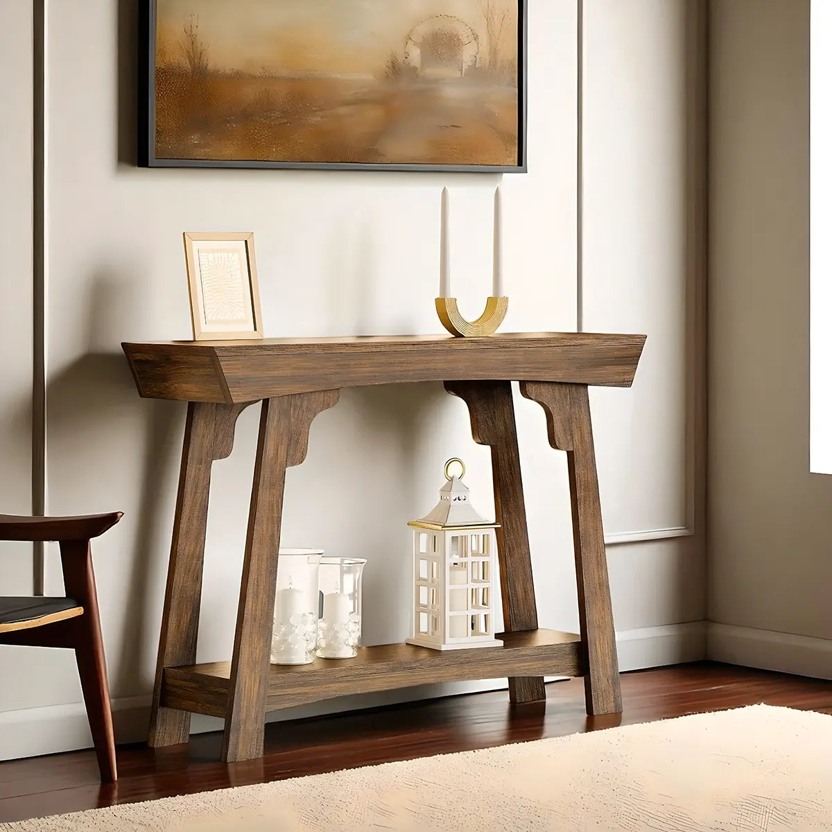Rustic Style Console Table – Sturdy Natural Wood, Convenient Bottom Shelf