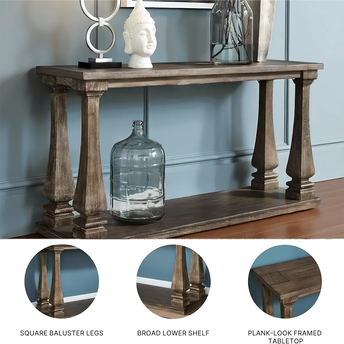 Rustic Wooden Console Table – Elegant, Sculpted Legs, Convenient Bottom Shelf for Decoration