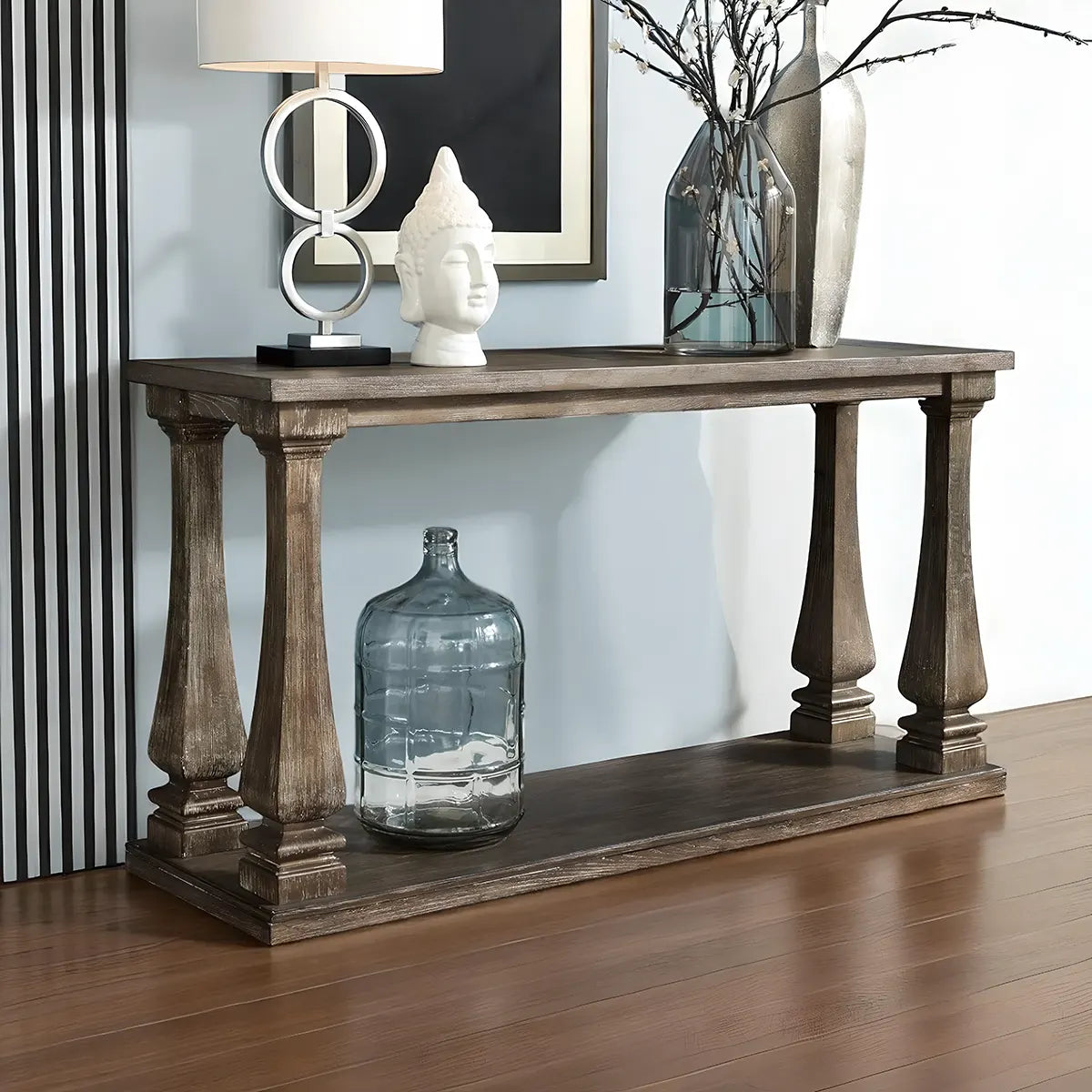 Rustic Wooden Console Table – Elegant, Sculpted Legs, Convenient Bottom Shelf for Decoration