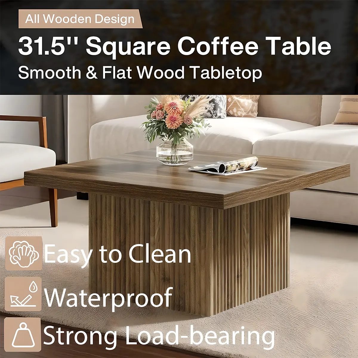 Square grooved wooden tea table, grooved base, modern Nordic style