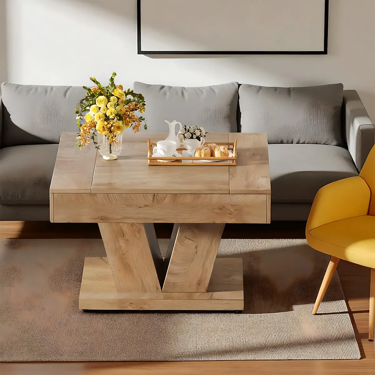 V-shaped wooden coffee table, Unique modern design, minimalist art style
