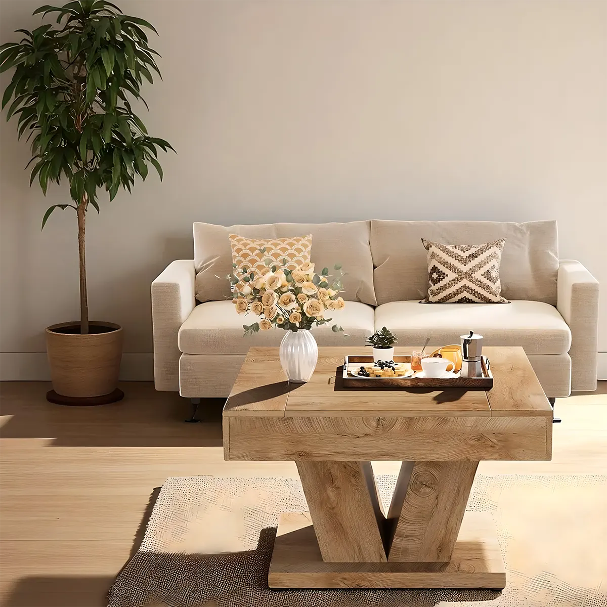 V-shaped wooden coffee table, Unique modern design, minimalist art style