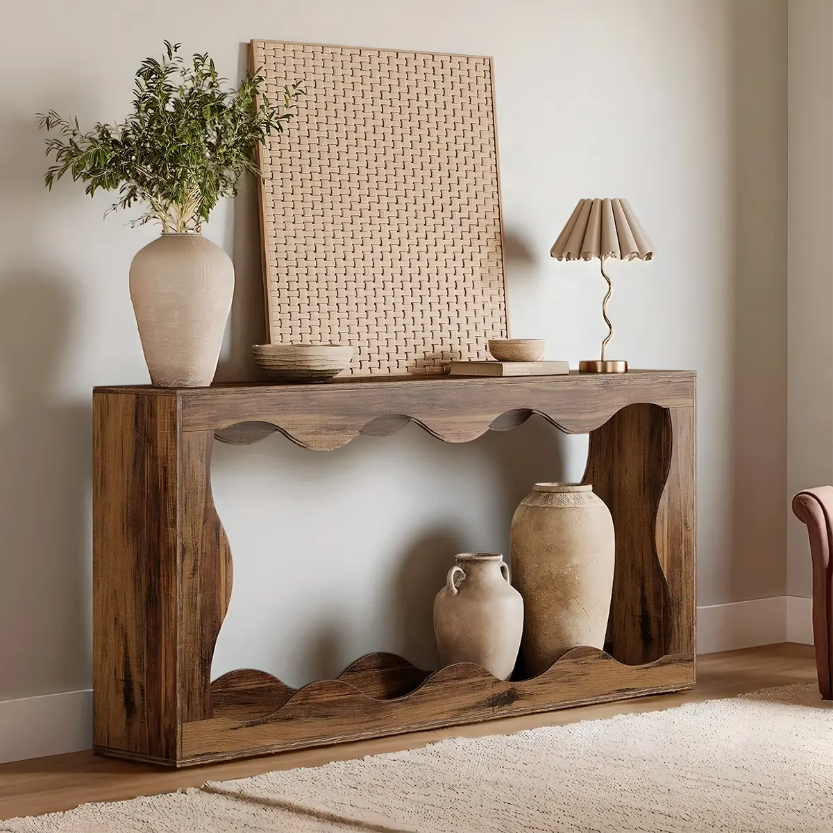 Wave Grain Wood Console Table – Farmhouse Design Glossy Paint, Decorative Table & Sofa Table
