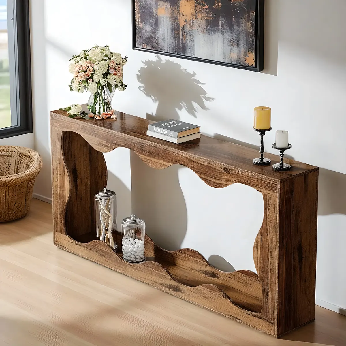 Wave Grain Wood Console Table – Farmhouse Design Glossy Paint, Decorative Table & Sofa Table