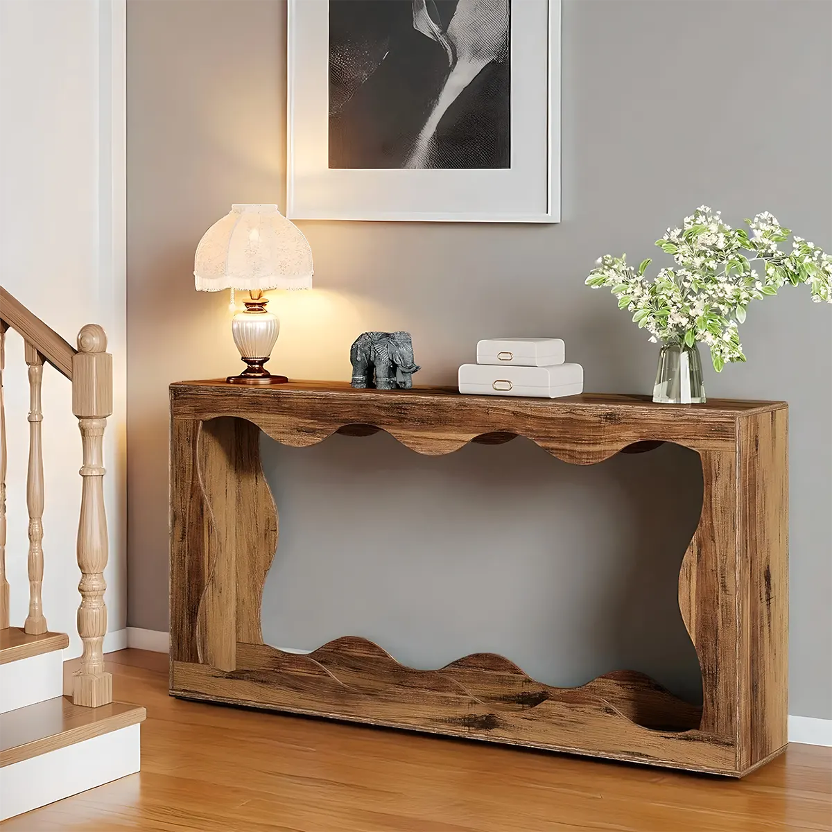 Wave Grain Wood Console Table – Farmhouse Design Glossy Paint, Decorative Table & Sofa Table