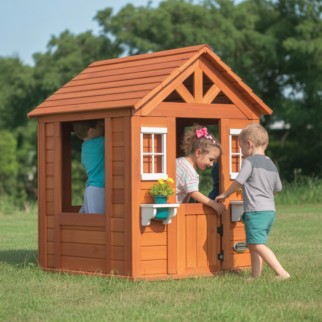 Kids Wooden Playhouse – Outdoor Cottage with White Windows & Flower Boxes