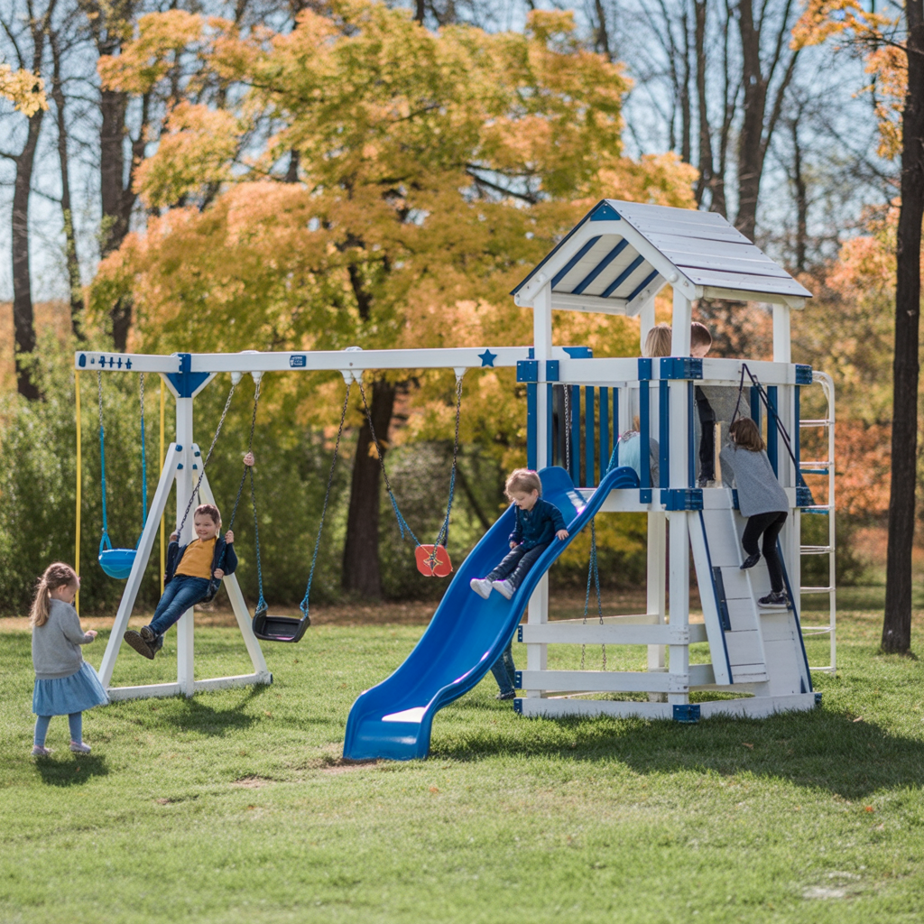 Blue & White Wooden Swing Set with Slide and Play Tower – Kids Outdoor Backyard Playground