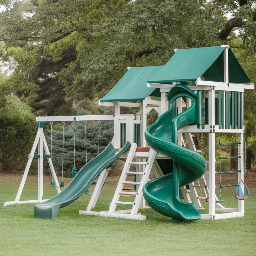 Twin Tower Vinyl Swing Set – Backyard Playground with Spiral Slide, Straight Slide, and Swings