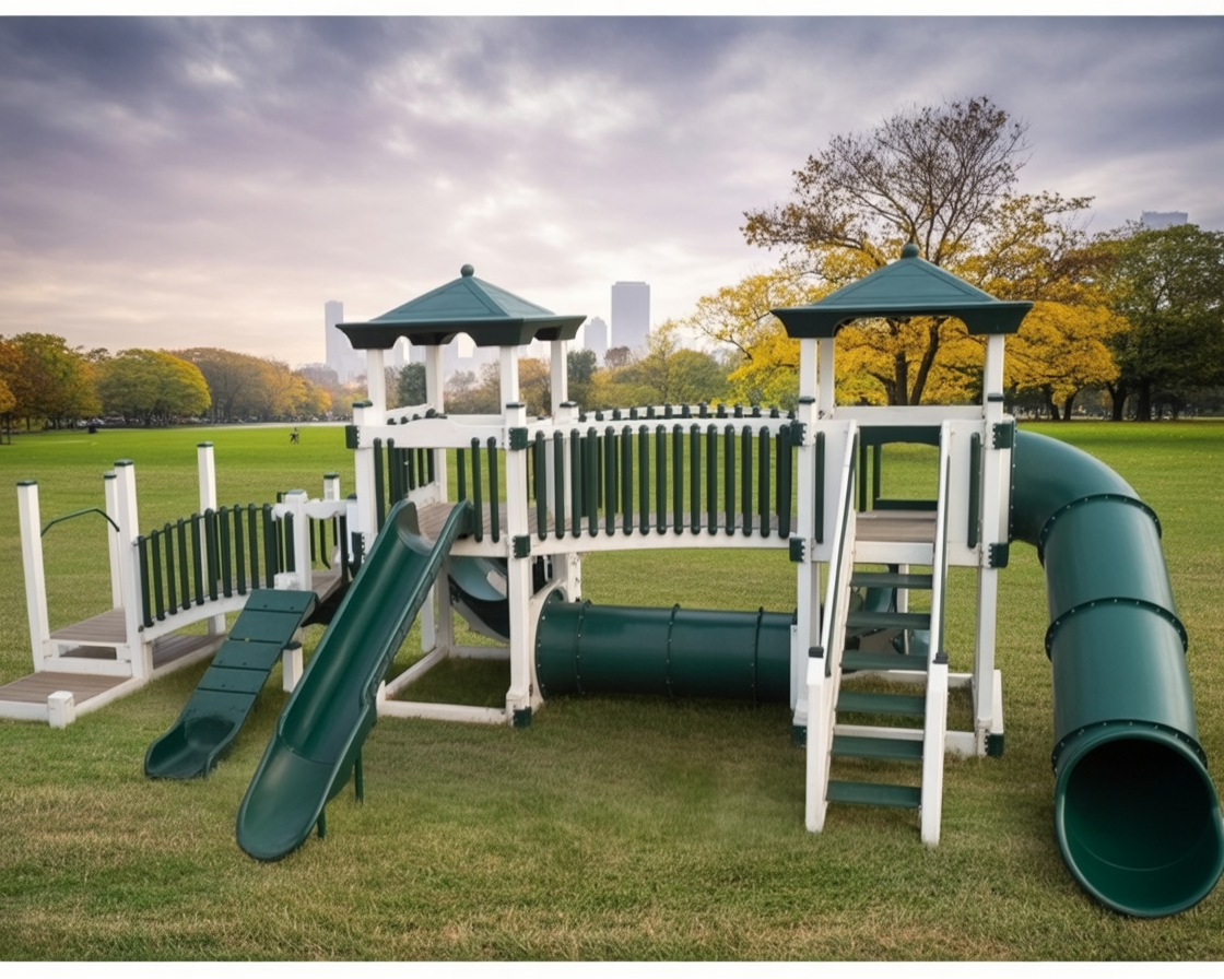 Large Commercial Vinyl Playground – Double Tower Playset with Slides, Tunnel, and Bridge for Outdoor Fun