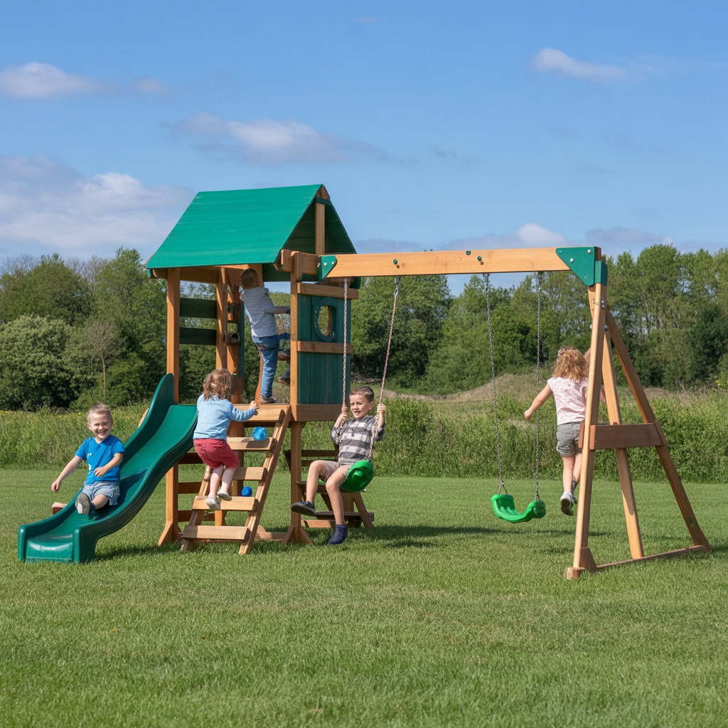 Backyard Wooden Swing Set – Outdoor Kids Playset with Slide, Swings & Climbing Ladder