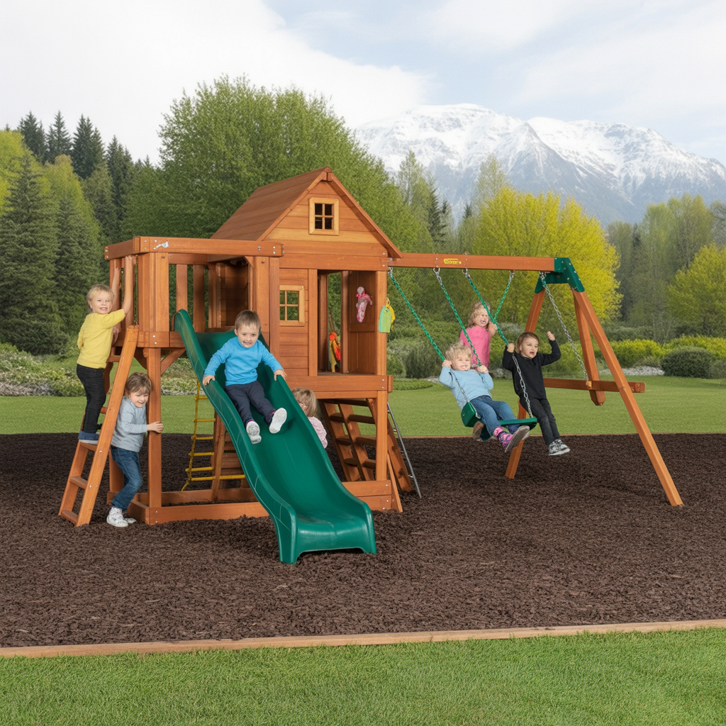 Wooden Playset with Slide, Swings, and Playhouse – Backyard Outdoor Playground for Kids
