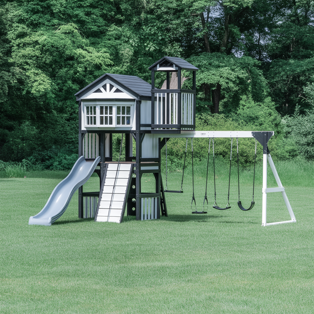 Modern Wooden Swing Set – Backyard Playhouse with Slide, Swings & Climbing Wall