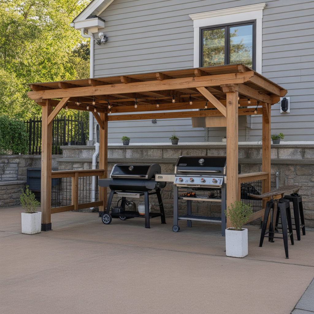 Enjoy outdoor cooking with this modern kitchen pavilion featuring a built-in grill station, bar seating, and durable wooden roof for backyard BBQs.