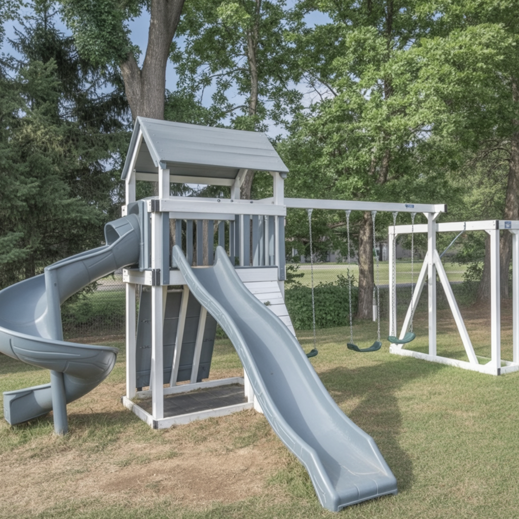 Starlight Vinyl Swing Set – Outdoor Playground with Double Slides, Swings, and Climbing Playhouse