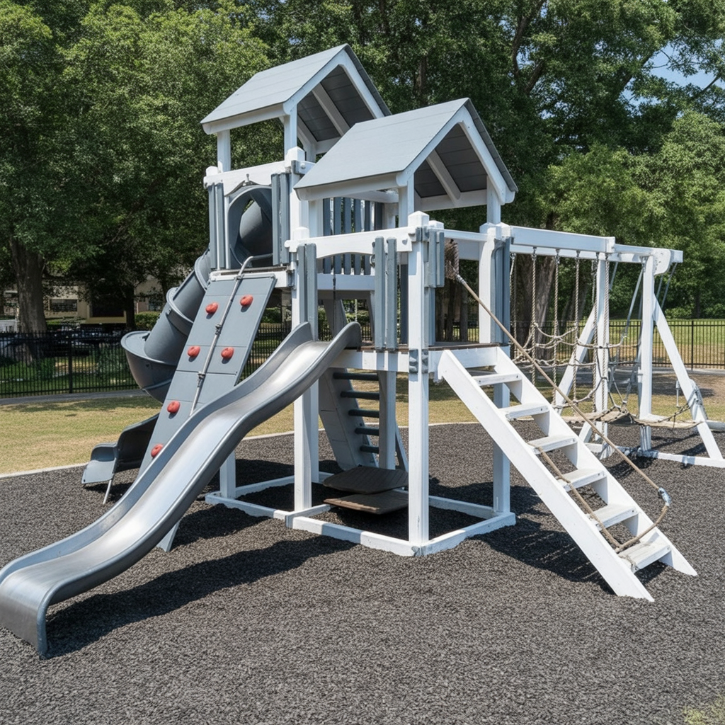 Space Shuttle Vinyl Swing Set – Double Tower Playground with Spiral Slide, Rock Wall, and Swings