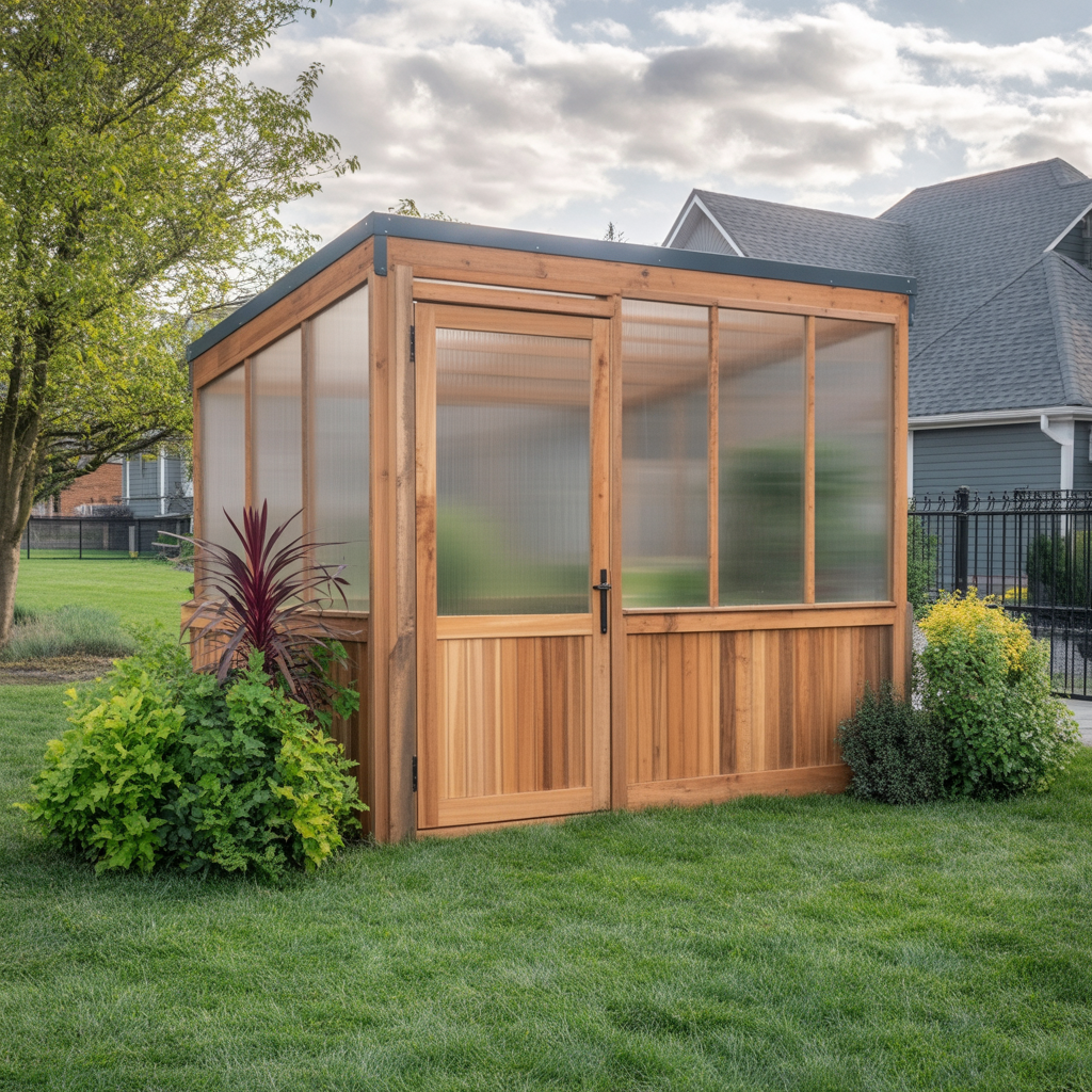 Cedar Wood Greenhouse – Flat Roof Outdoor Garden Greenhouse with Polycarbonate Panels
