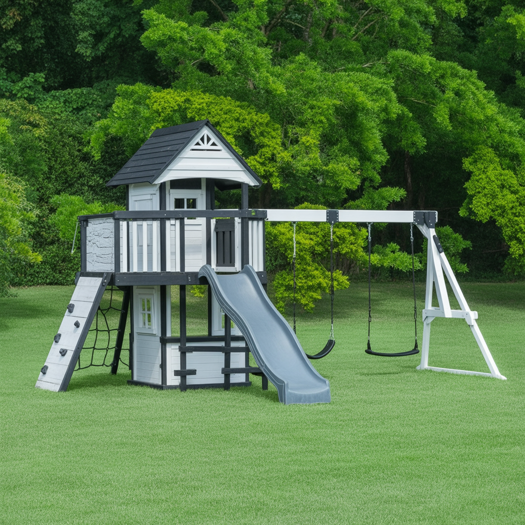 Modern Outdoor Wooden Swing Set – Playhouse with Slide, Swings & Climbing Wall