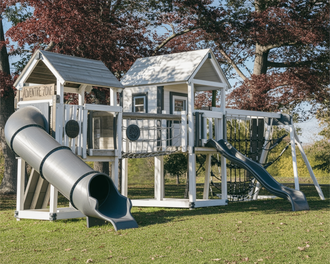 Galaxy Star Vinyl Swingset – Double Playhouse with Tube Slide, Swings & Outdoor Playground