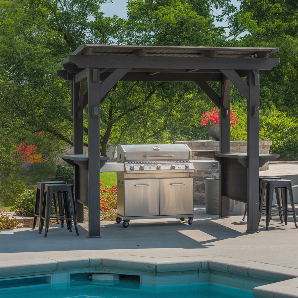 Stainless Steel Gas Grill with Modern Pergola Bar