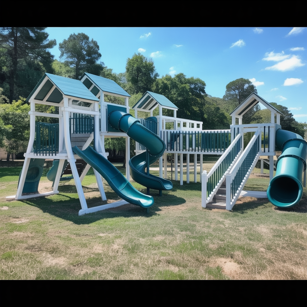 Large Vinyl Playground Playset – Multi-Tower Swing Set with Spiral Slide, Tube Slide, Bridge & Climbing Wall