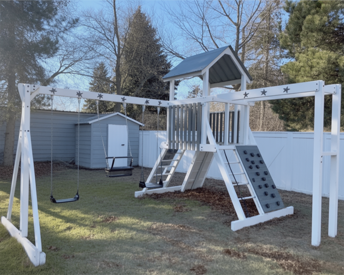 Comet Vinyl Swing Set – White & Gray Backyard Playground with Swings, Rock Wall, and Play Tower