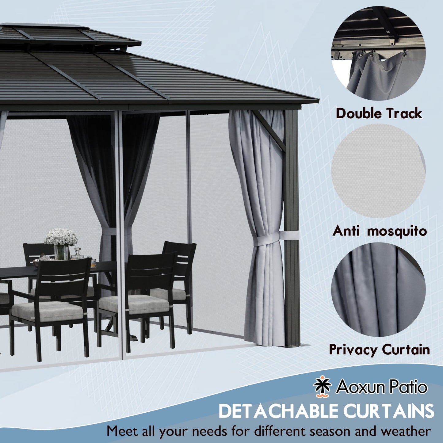 Mazonvintage 12'x16’Outdoor Hardtop Gazebo, Galvanized Double Roof Aluminum Pavilion with Netting and Curtains for Garden, Patio, Lawns, Gray