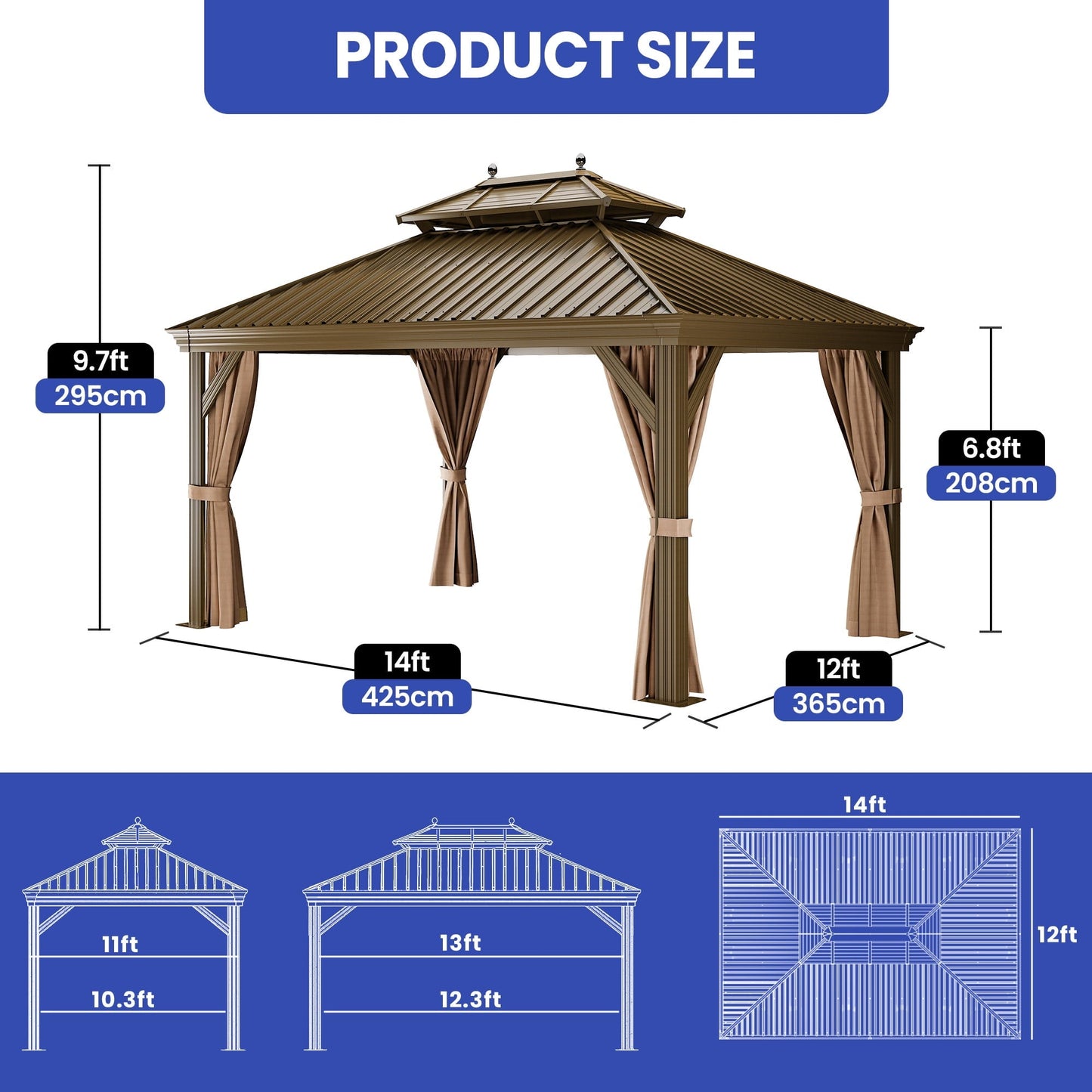 Mazonvintage 12' x 14' Mazonvintage Gazebo with Netting & Curtains, Heavy Duty Double Roof Galvanized Steel Garden Tent for Patio, Mazonvintage, Bronze