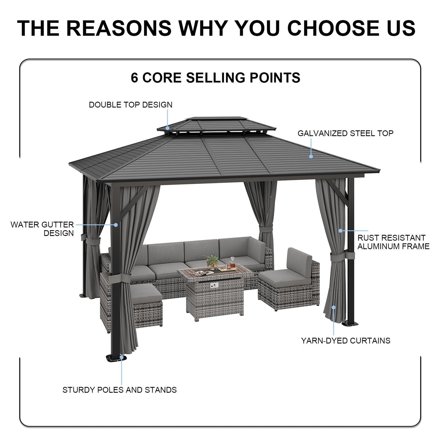 Mazonvintage 12' x 10' Double Roof Hardtop Gazebo, Aluminum Frame with Netting & Curtains