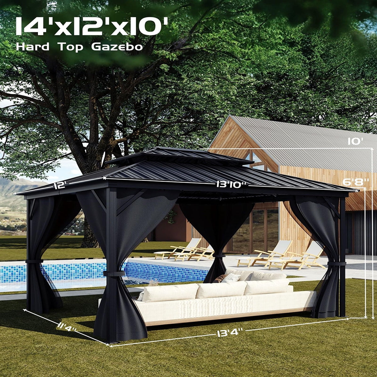 Mazonvintage Gazebo 12' x 14', with Galvanized Steel Double Roof Canopy, Permanent Outdoor Metal Pavilion, with Netting and Curtains, for Mazonvintage, Pario and Lawn(ship in 5 boxes)