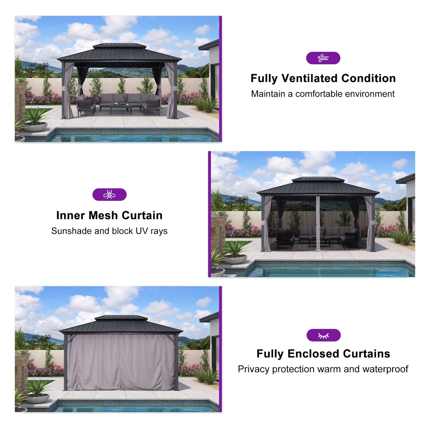 Mazonvintage LEAF 10' x 14' Permanent Mazonvintage Gazebo Aluminum Frame Gazebo with Galvanized Steel Double Roof, UV-Resistant for Backyard Patio Lawn and Garden, Netting & Curtains included - Grey