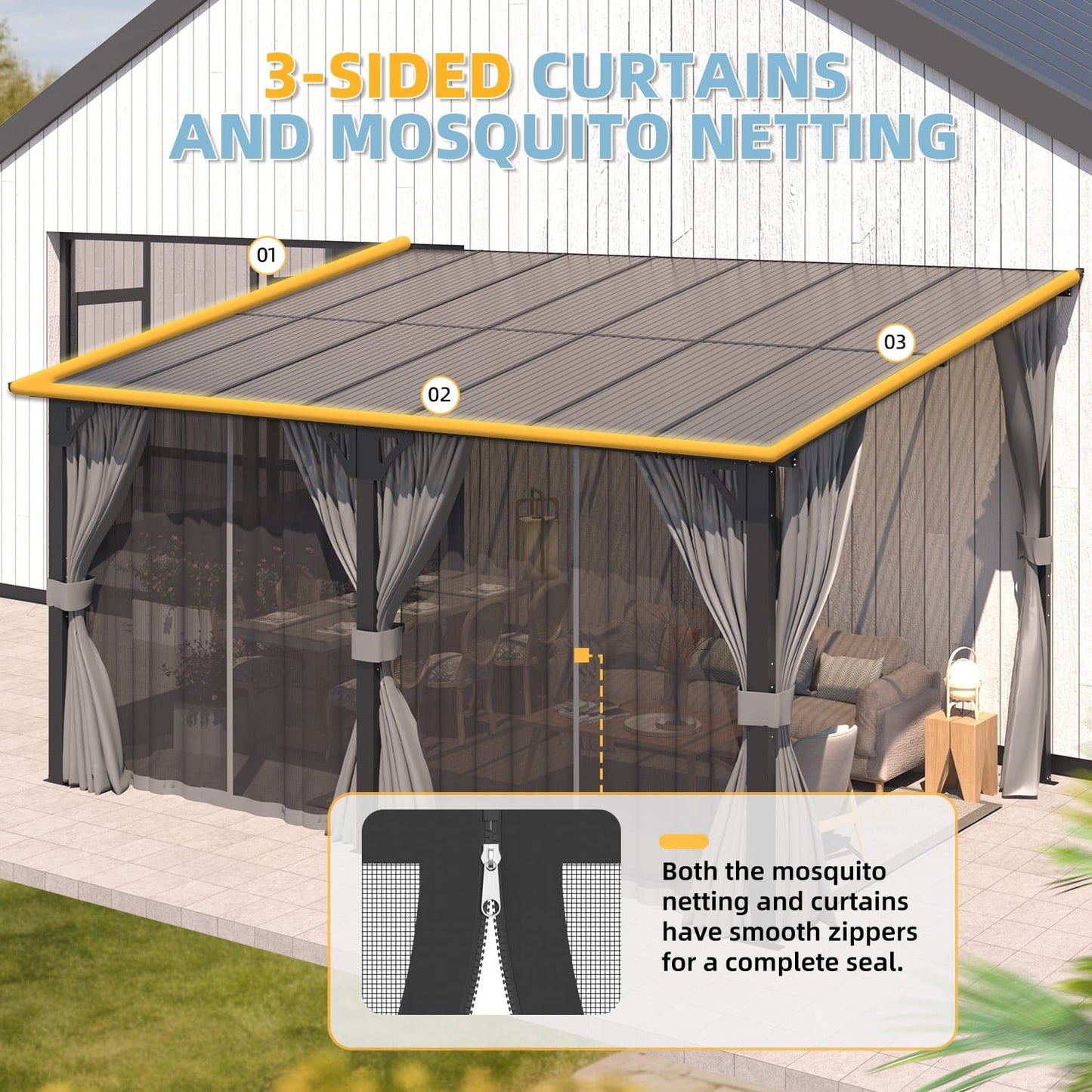 Mazonvintage 14' x 10' Lean to Gazebo with Netting and Curtain Outdoor Hardtop Gazebo Aluminum Metal Pergola For Garden, Patio, Backyard-Dark Gray
