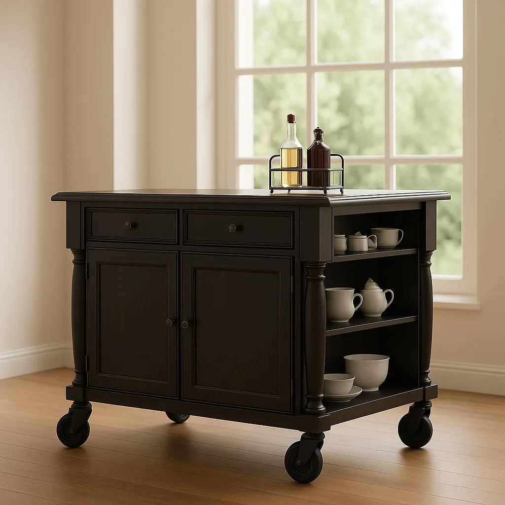Dark Wood Kitchen Cabinet With Drawers, Doors And Side Open Shelves