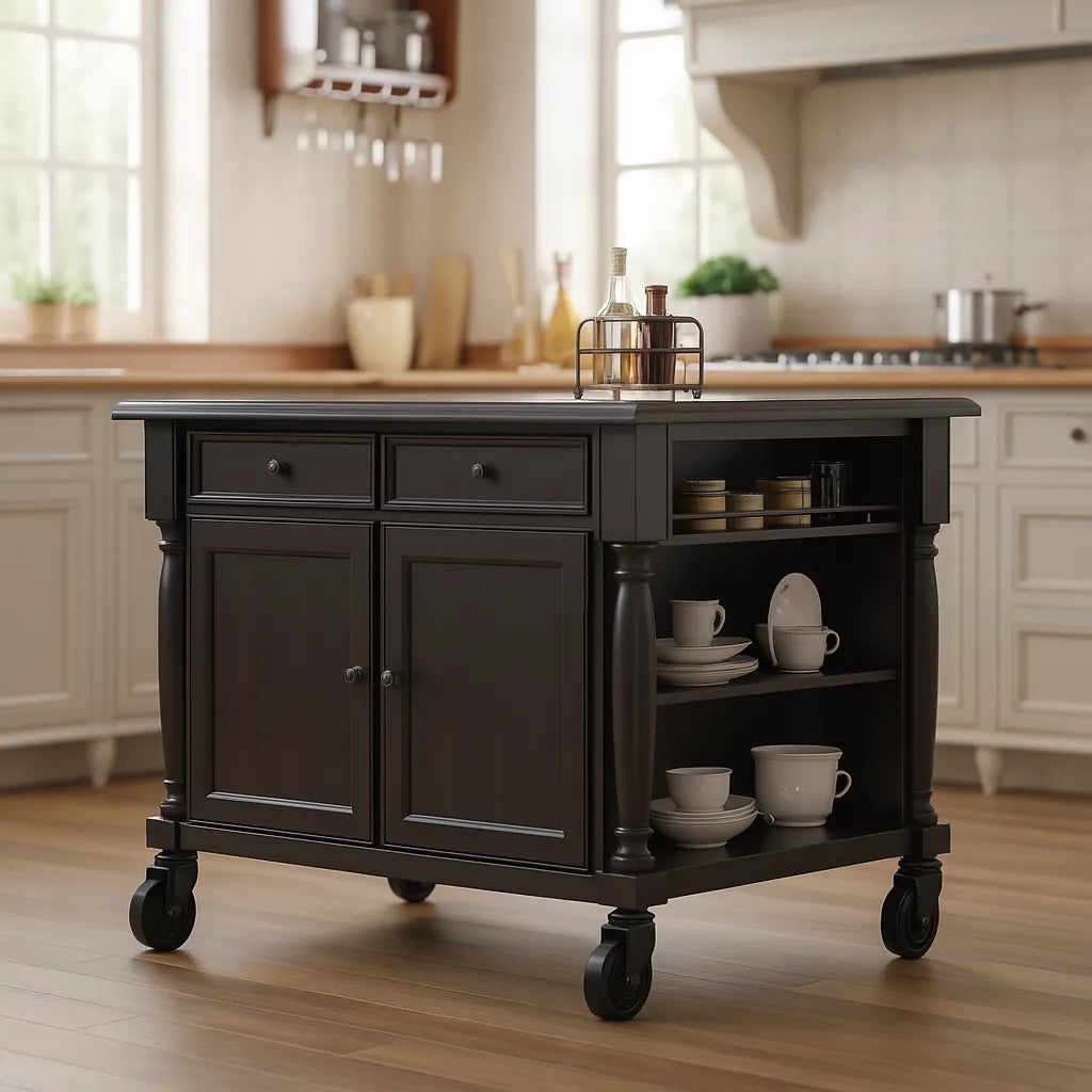 Dark Wood Kitchen Cabinet With Drawers, Doors And Side Open Shelves