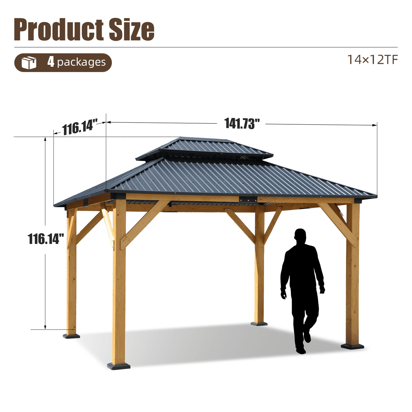 Mazonvintage Fir Wood Carport Gazebo Permanent Double Layer Steel Roof Wooden Frame All Weather Patio Shelter with Insect Netting Heavy Duty Canopy