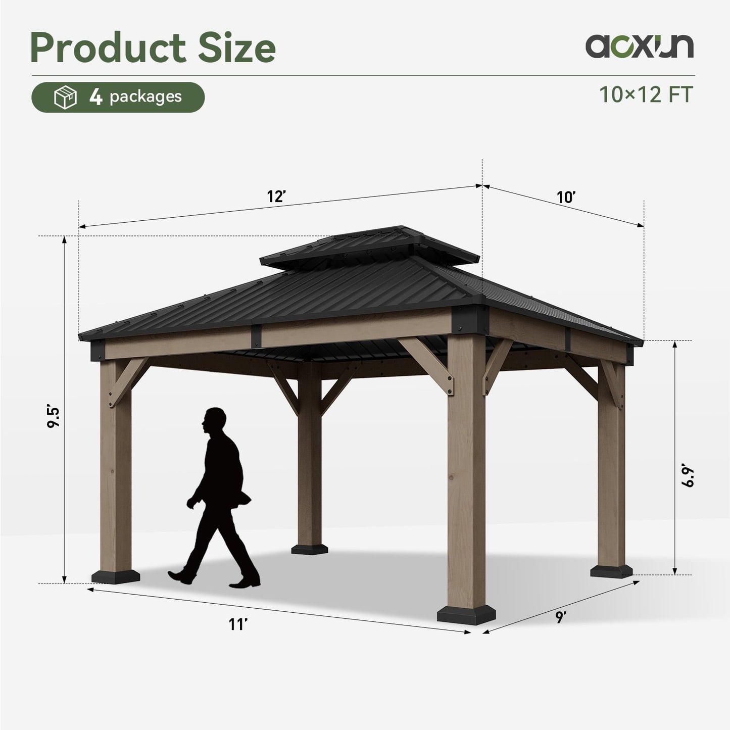 Mazonvintage 10' x 12' Outdoor Wood Gazebo, Mazonvintage Gazebo Permanent Wooden Pavilion with Galvanized Steel Double Roof, for Patio, Garden, Deck, Cedar Wood