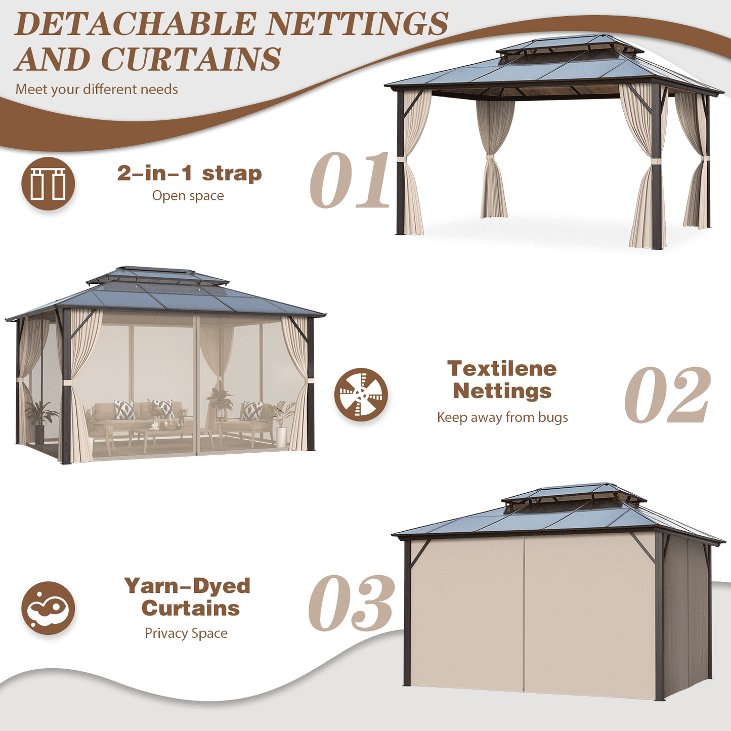 Mazonvintage 12'x16' Outdoor Polycarbonate Double Roof Mazonvintage Gazebo Canopy Curtains Aluminum Frame with Netting for Garden,Patio