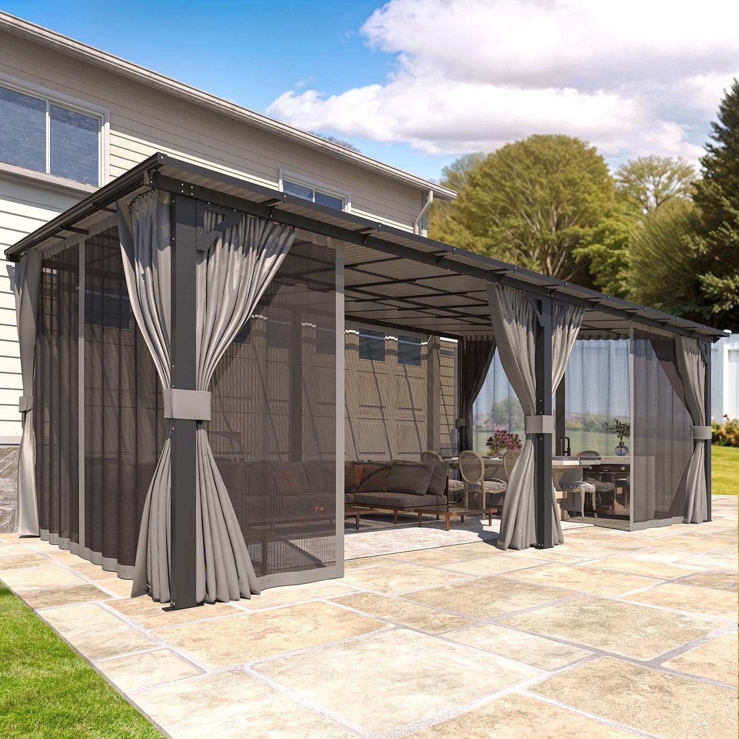 Mazonvintage 20' x 12' Lean to Gazebo with Netting and Curtain Outdoor Mazonvintage Gazebo Aluminum Metal Pergola For Garden, Patio, Backyard-Dark Gray