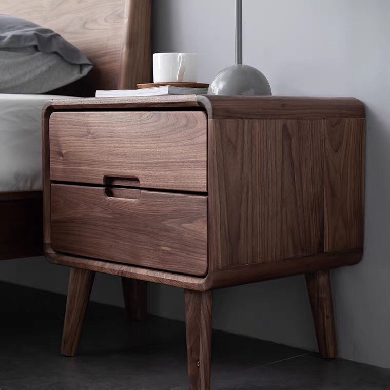 Mazonvintage-Minimalist Deep Brown Black Walnut Wood Nightstand with Two Drawers