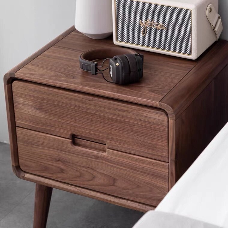 Mazonvintage-Minimalist Deep Brown Black Walnut Wood Nightstand with Two Drawers