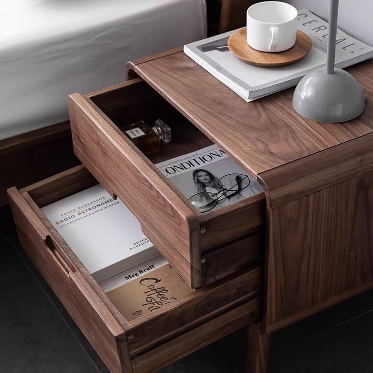 Mazonvintage-Minimalist Deep Brown Black Walnut Wood Nightstand with Two Drawers