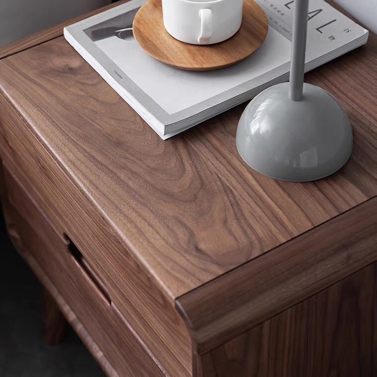 Mazonvintage-Minimalist Deep Brown Black Walnut Wood Nightstand with Two Drawers