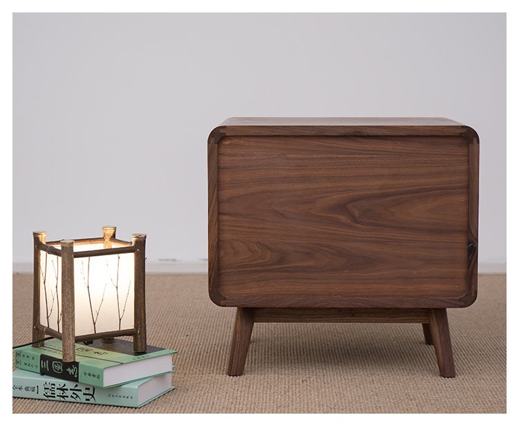 Mazonvintage-Minimalist Deep Brown Black Walnut Wood Nightstand with Two Drawers
